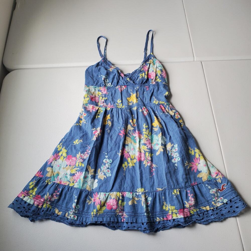 Y2K Hollister Dress Womens Medium Blue Floral Cotton Sundress Eyelet Hem Summer